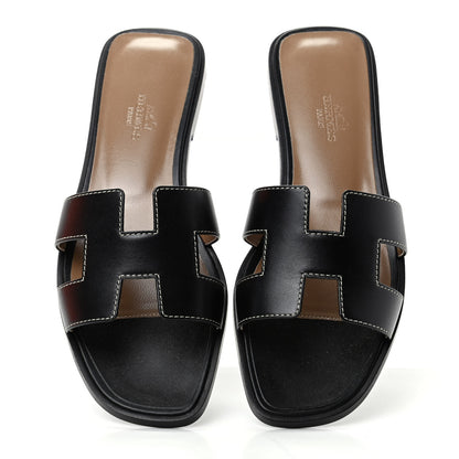 Hermes Box Calfskin Oran Sandals 37 Black 5 of 10