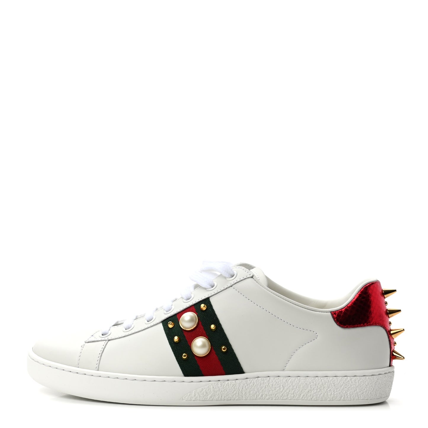Calfskin Web Pearl Studded Womens Ace Sneakers 39.5 White