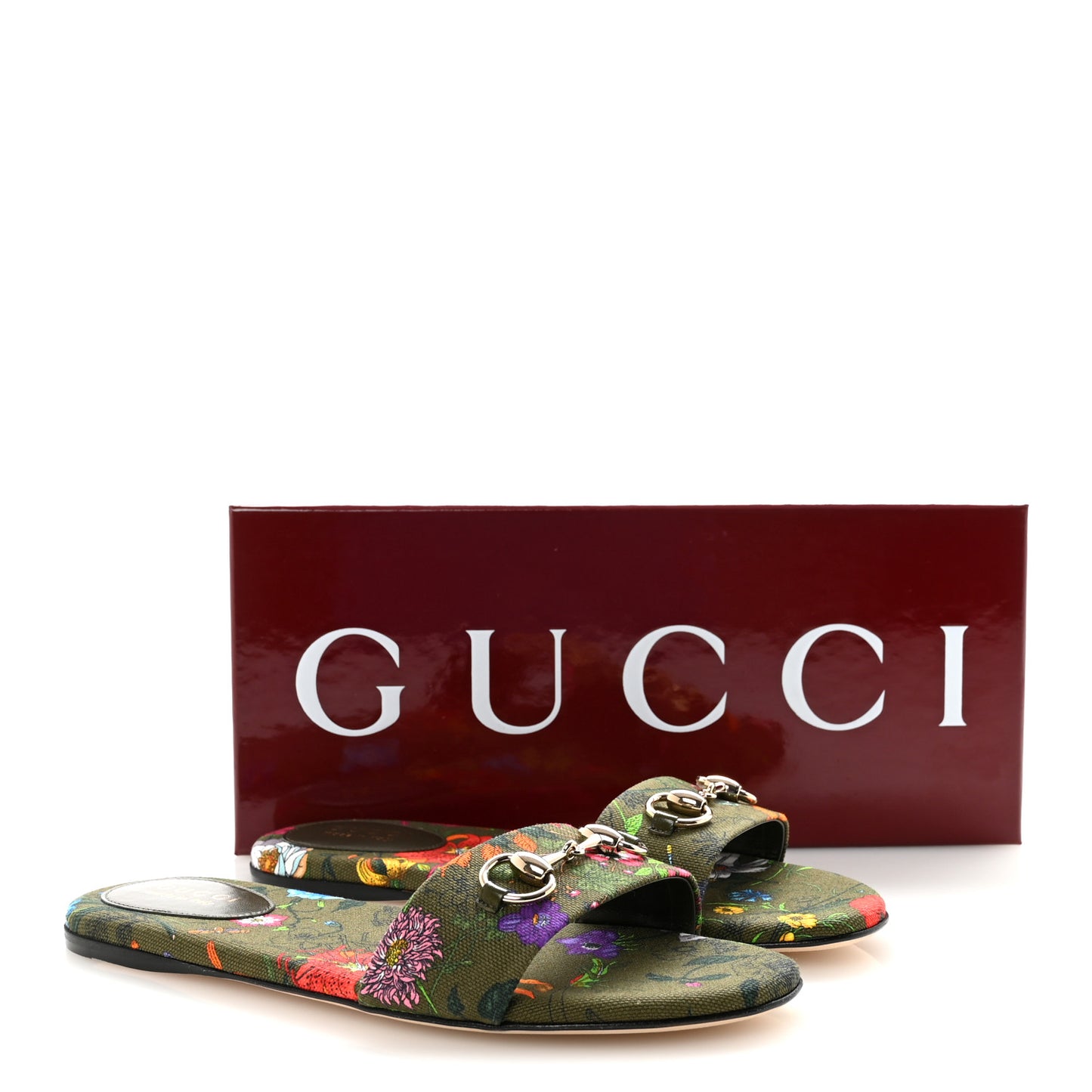 Canvas Flora Print Horsebit Slide Sandals 39 Dark Green