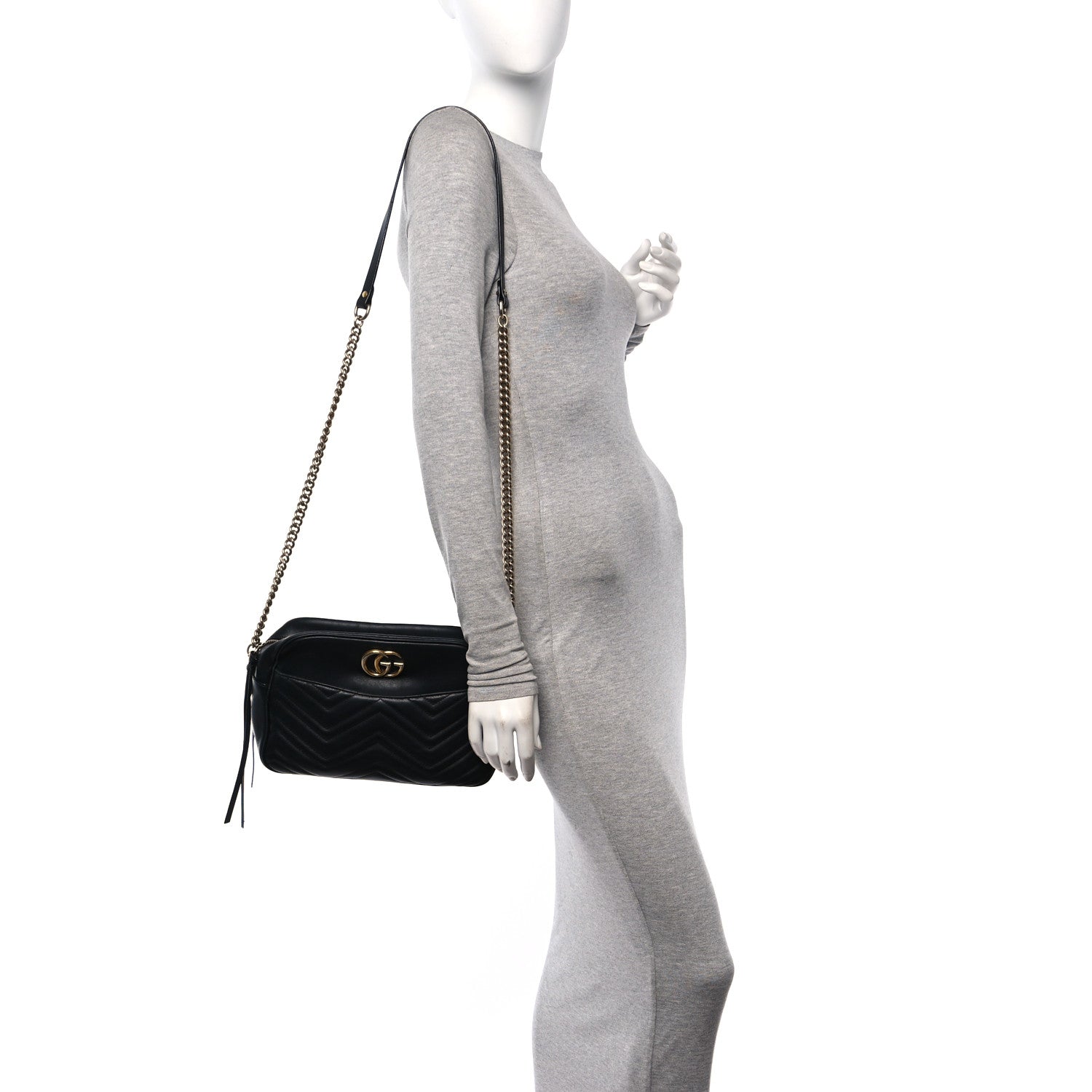 Gucci Calfskin Matelasse Medium GG Marmont Chain Shoulder Bag Black 3 of 14