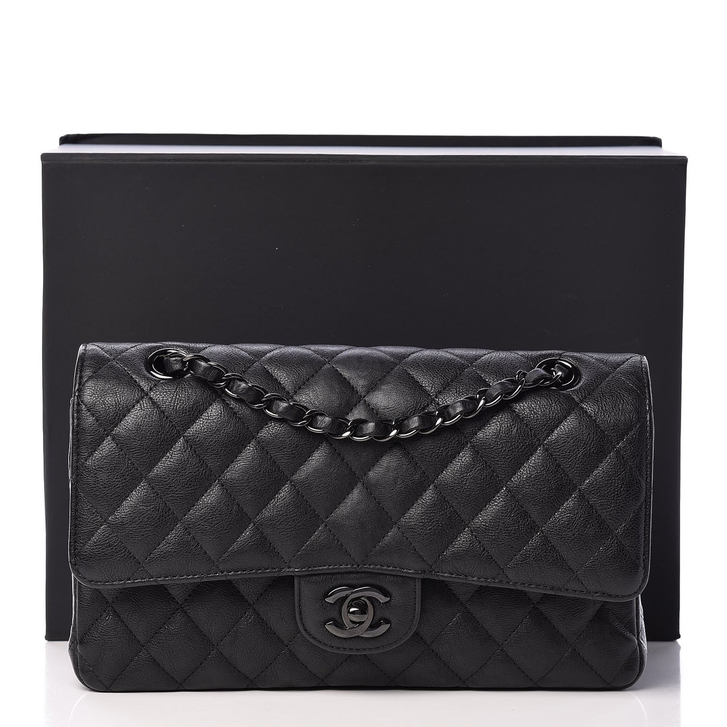 Crumpled Calfskin Quilted Medium Double Flap So Black