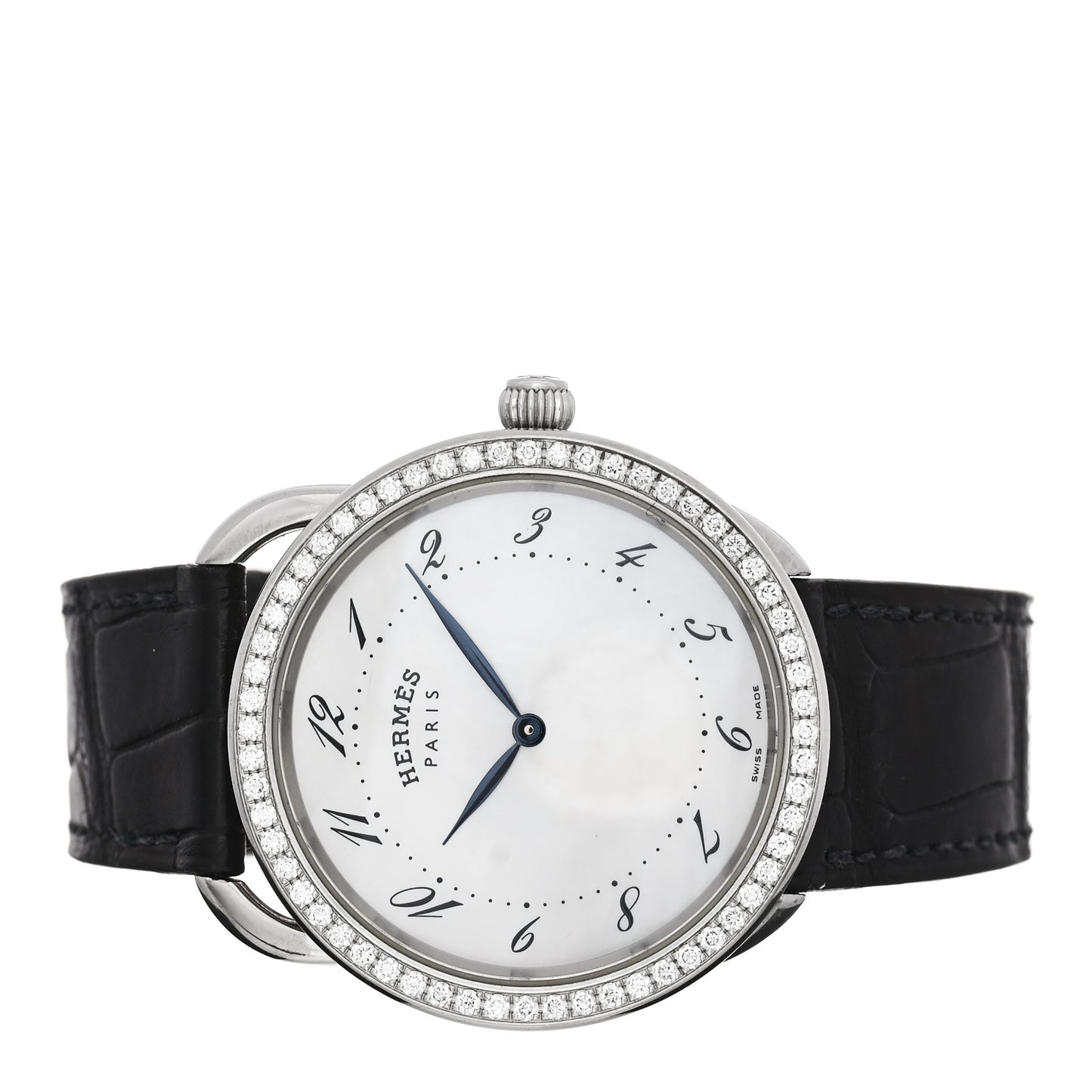 Stainless Steel Alligator Diamond Bezel Mother of Pearl 38mm Arceau Quartz Watch Noir