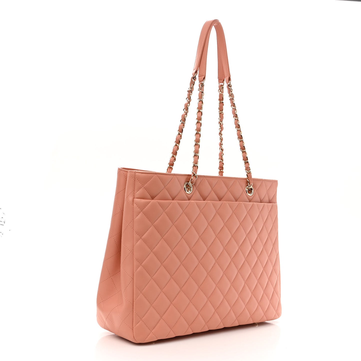 Calfskin Quilted Large CC Shopping Tote Light Pink