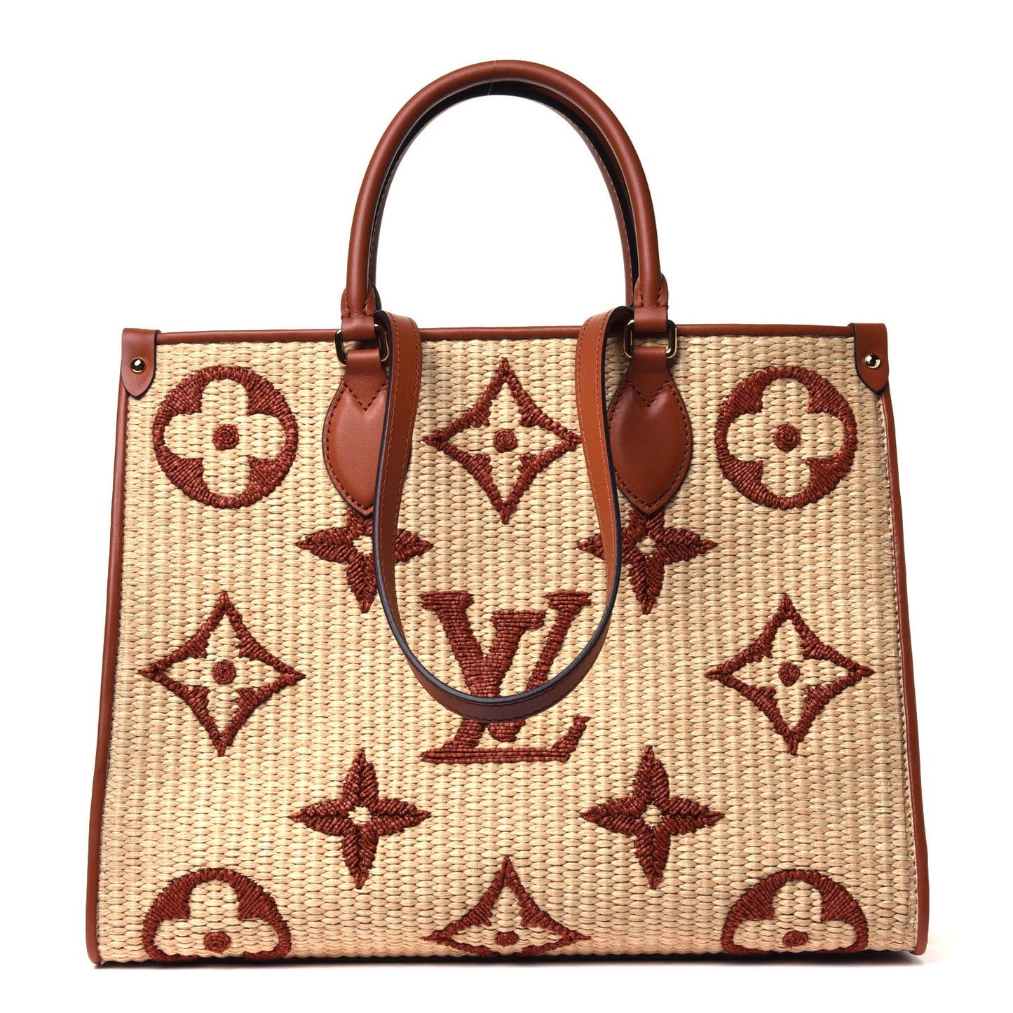 Raffia Calfskin Monogram Giant Onthego MM Tan