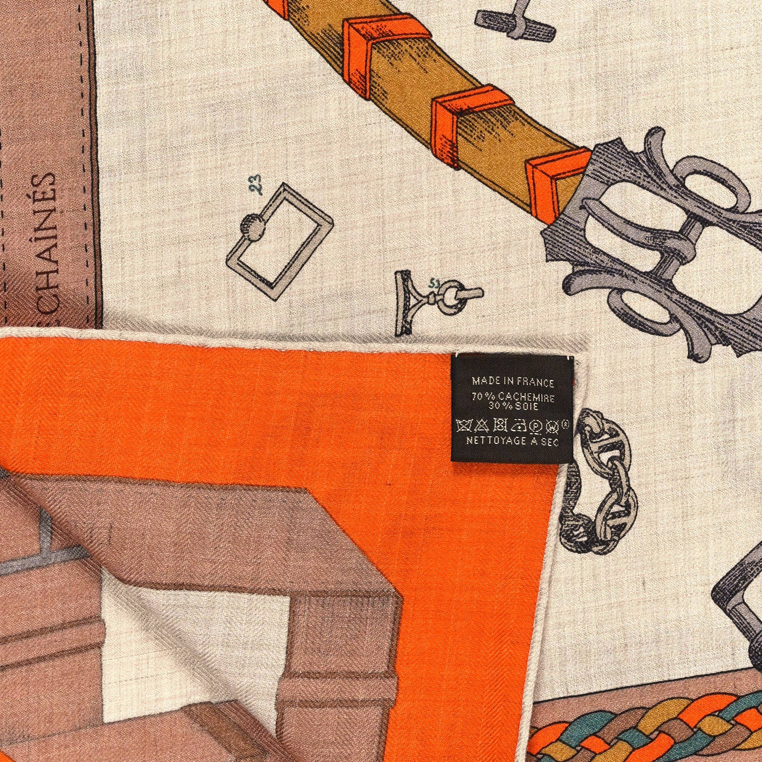 Hermes Cashmere Silk Chevaux Dechaines Shawl 140 Orange Naturel Gris 3 of 4