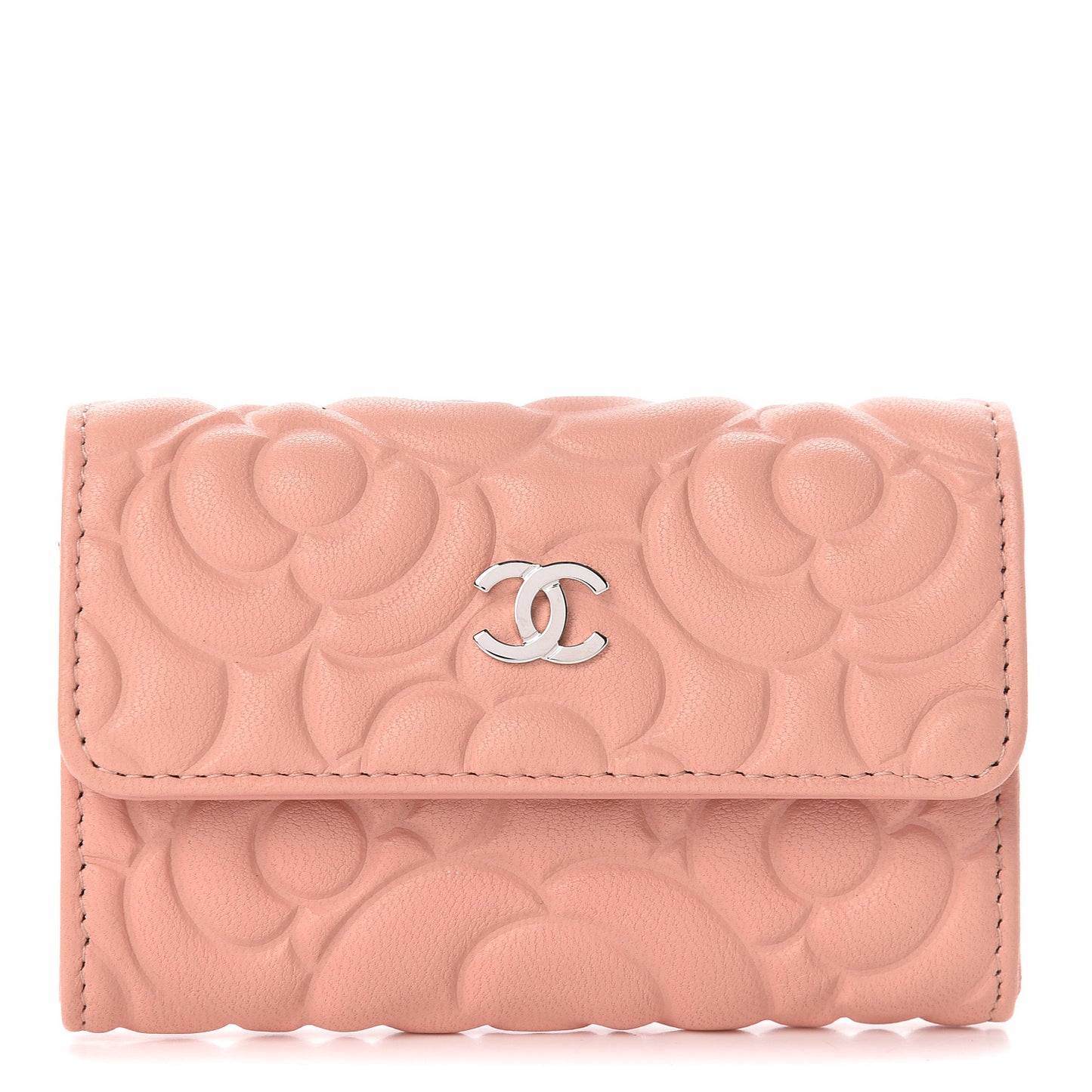 Goatskin Camellia Embossed Card Holder Wallet Light Pink