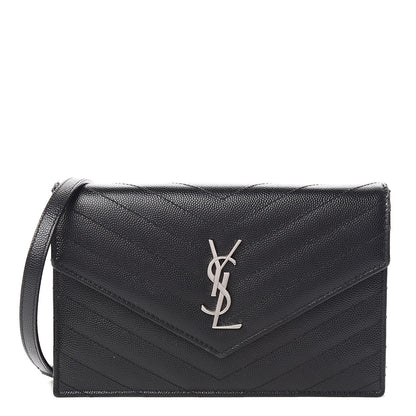 Saint Laurent Grain De Poudre Matelasse Chevron Monogram Envelope Chain Wallet Black 1 of 12