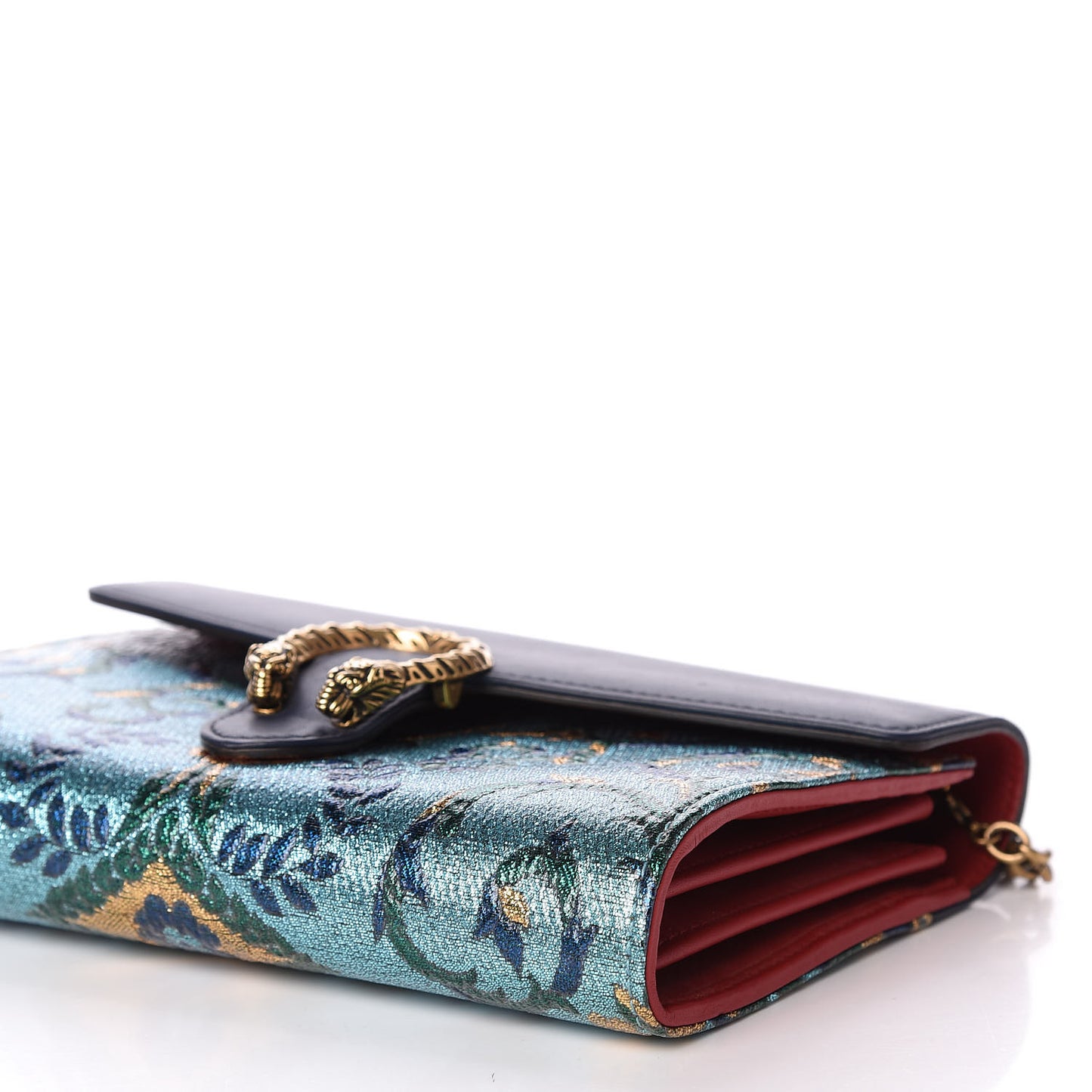 Metallic Brocade Calfskin Mini Dionysus Chain Wallet Black Blue Azure
