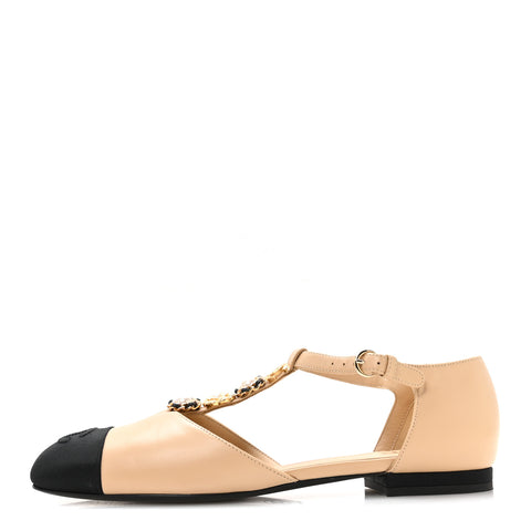 Lambskin Grosgrain Cap Toe Pearl CC Mary Jane Flats 38 Beige Black
