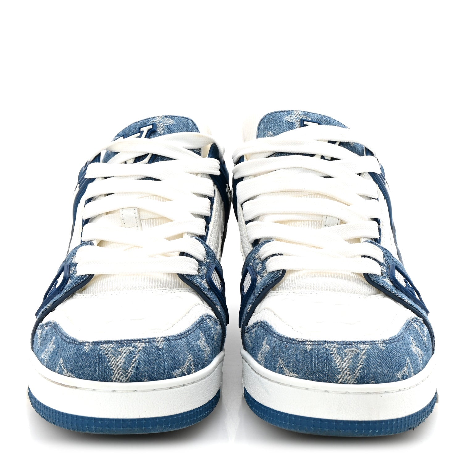 Louis Vuitton Calfskin Embossed Monogram Denim Mens LV Trainer Sneakers 8 Blue 3 of 10