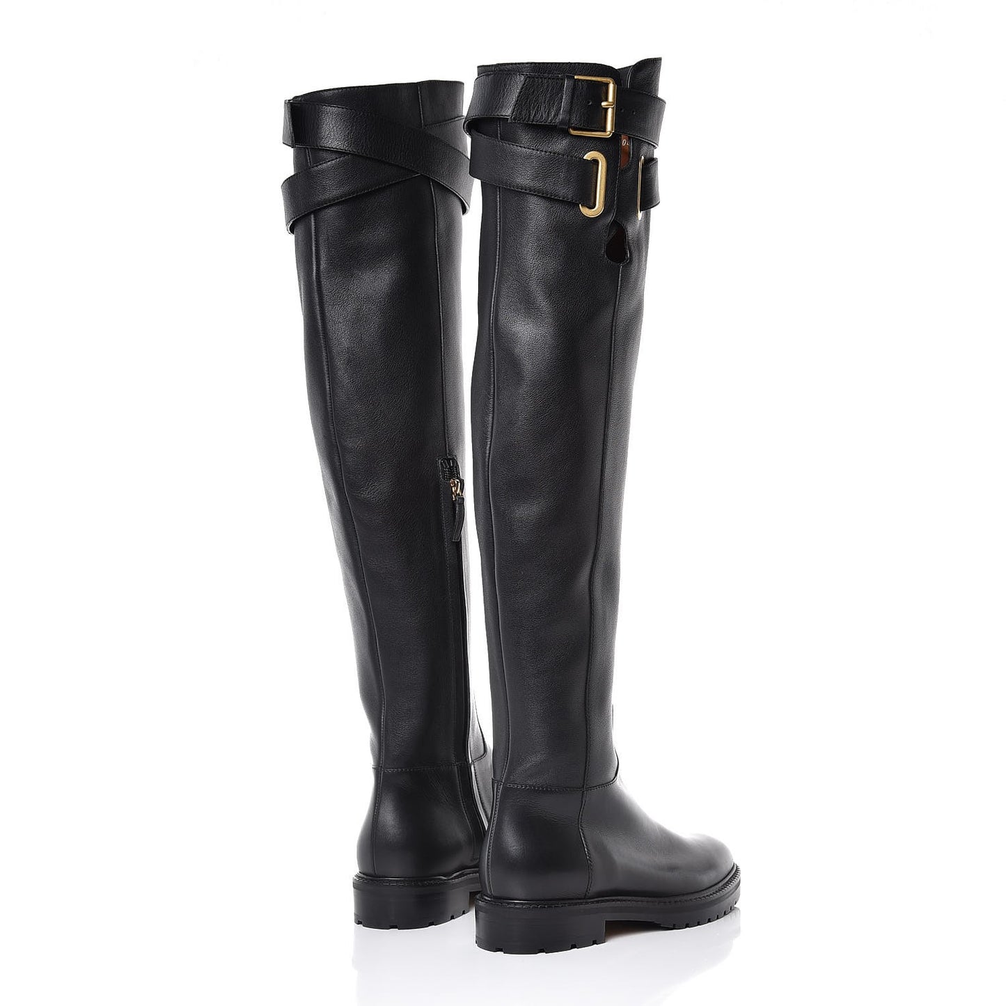 Calfskin Knee High Buckle Boots 36 Black