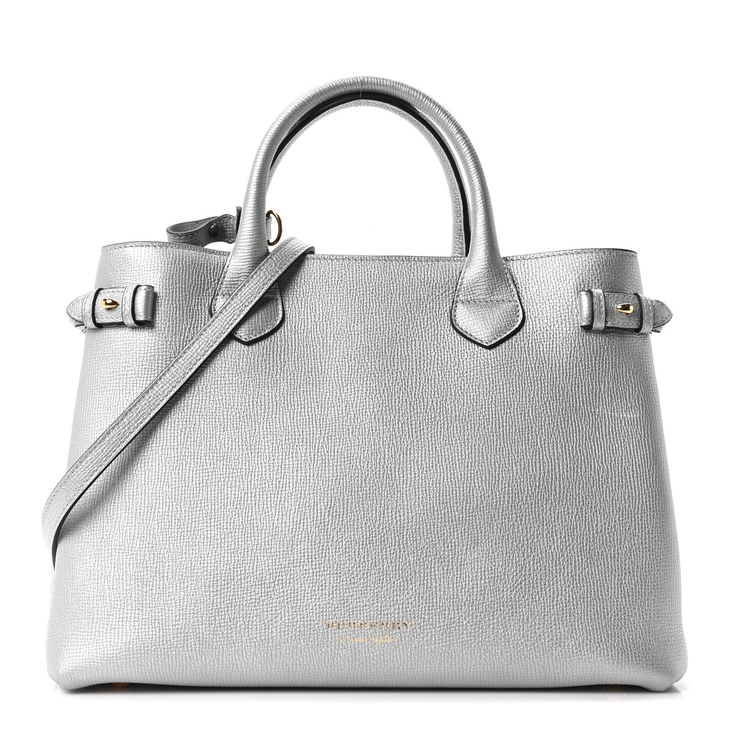 Metallic Grainy Calfskin House Check Medium Banner Tote Silver
