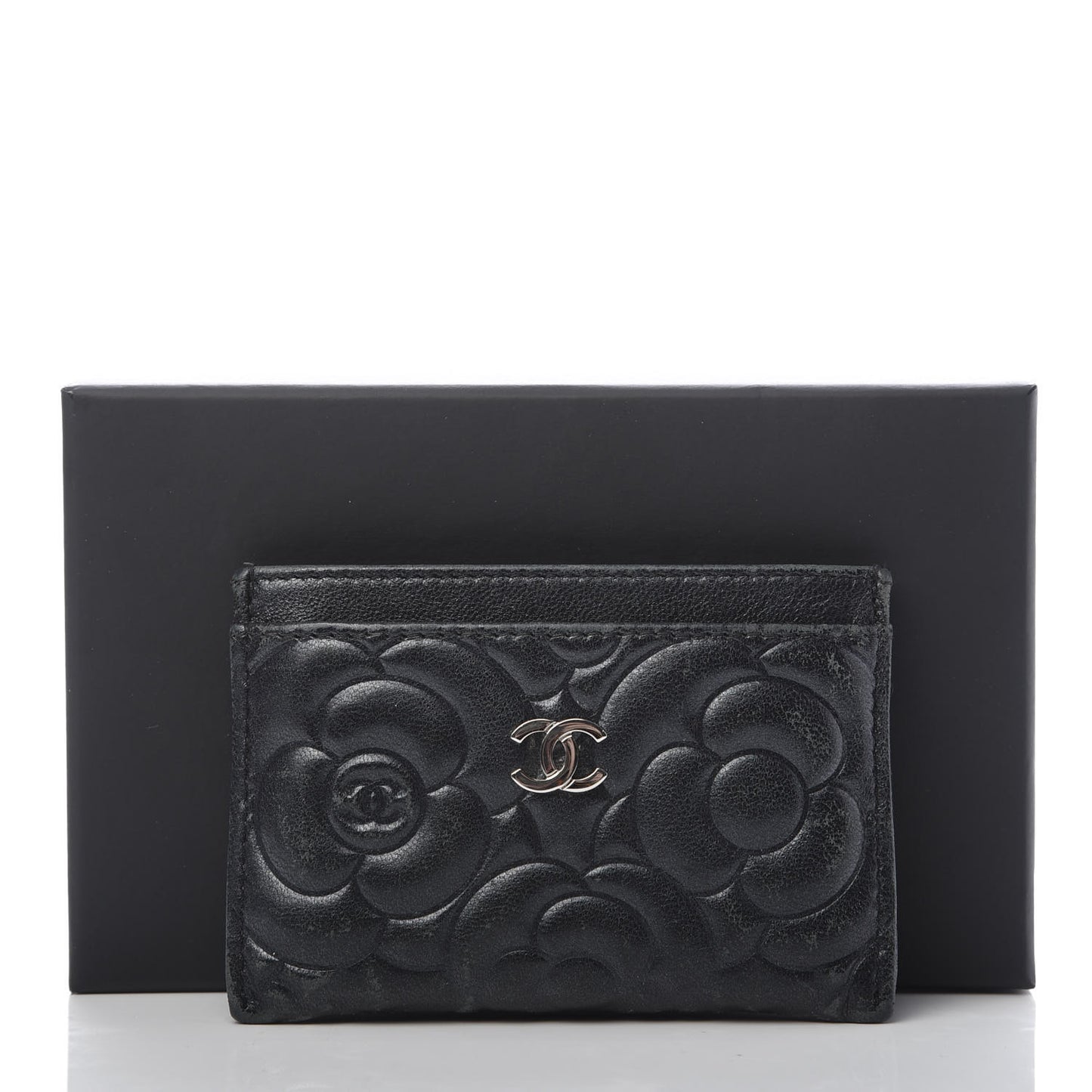 Lambskin Camellia Embossed Card Holder Black