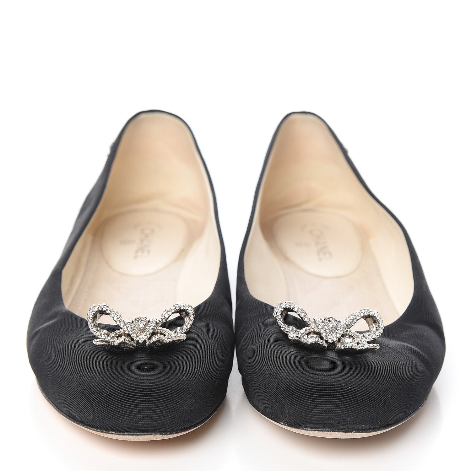 Chanel Grosgrain Crystal Bow Cap Ballet Flats 36.5 Black 2 of 11