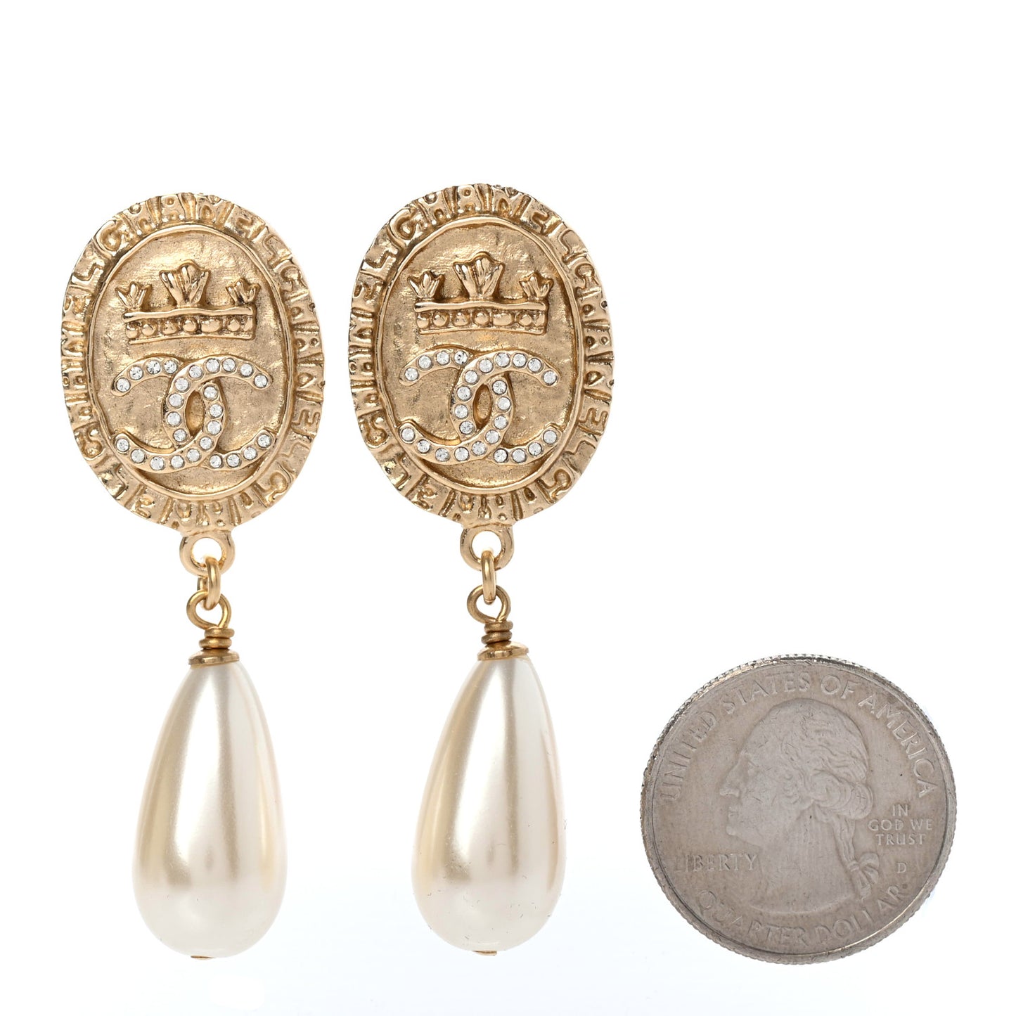 Crystal Pearl Crown CC Drop Earrings Gold