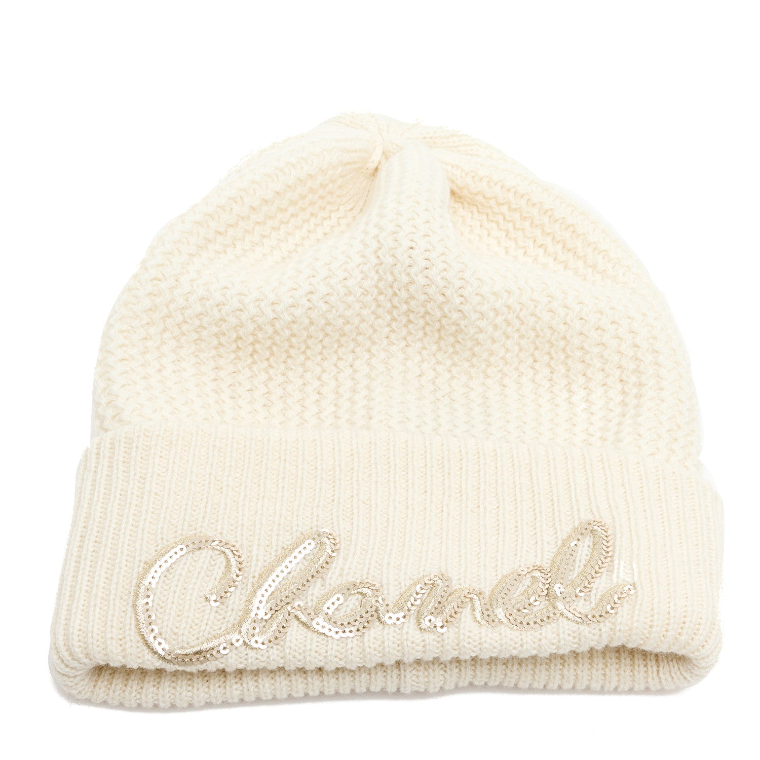 Chanel Cashmere Sequin Logo Beanie Hat Ivory Gold 1 of 5