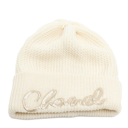 Chanel Cashmere Sequin Logo Beanie Hat Ivory Gold 1 of 5