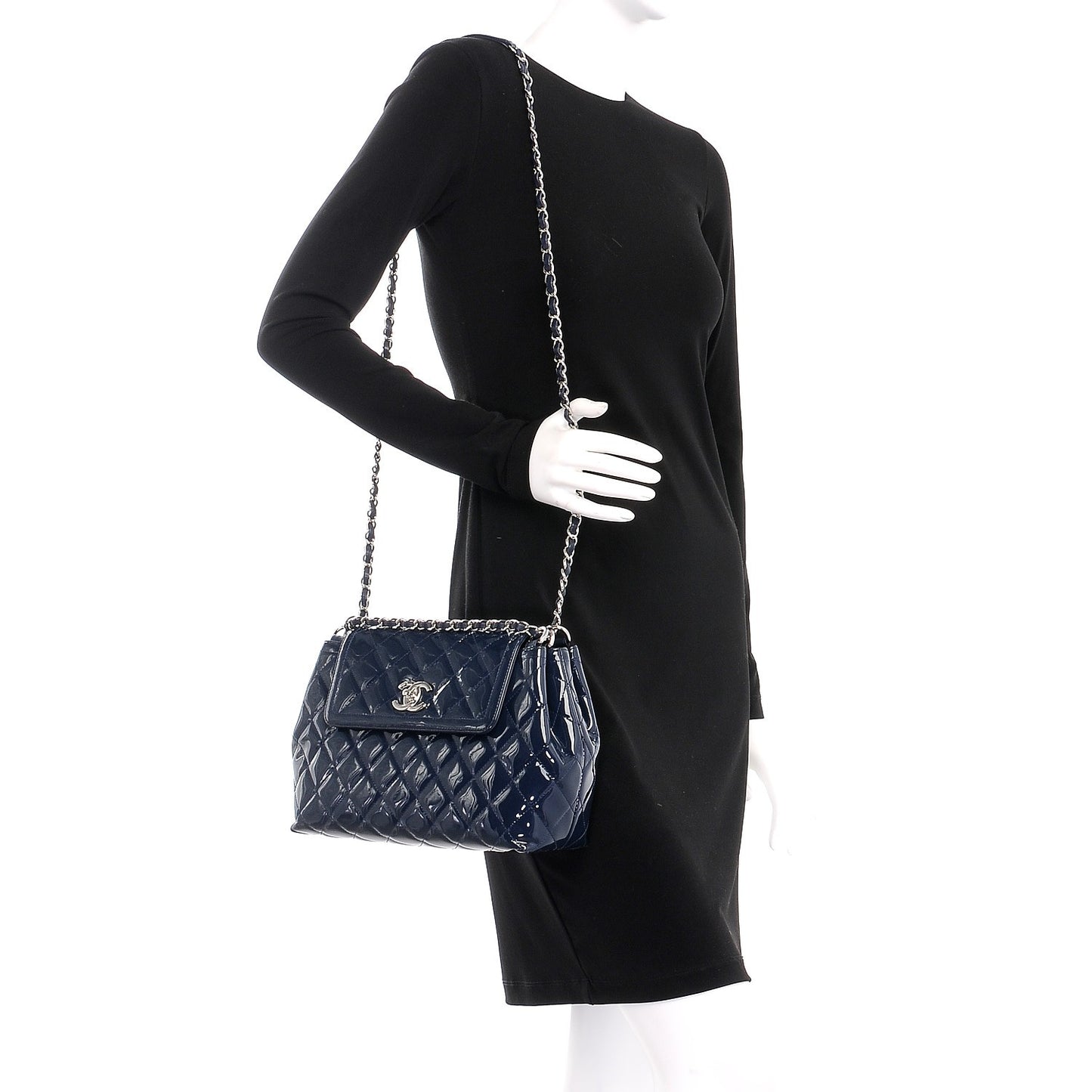 Patent Quilted Large Coco Shine Accordion Flap Navy