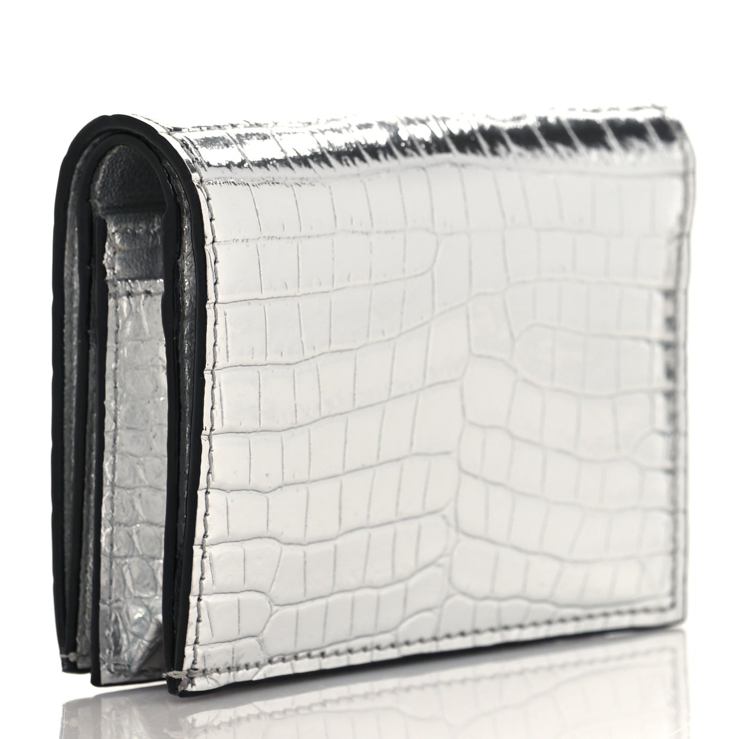 Metallic Calfskin Crocodile Embossed Hanne Wallet Silver