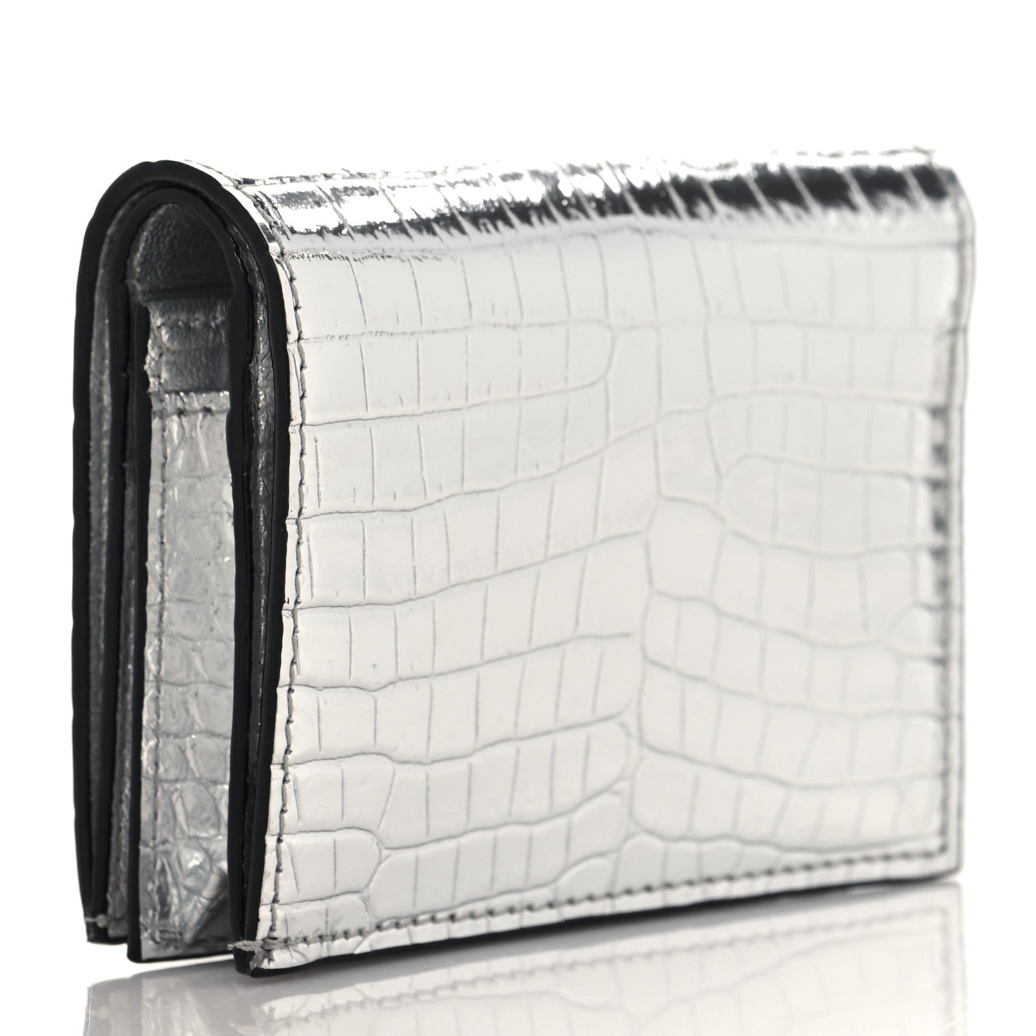 Jimmy Choo Metallic Calfskin Crocodile Embossed Hanne Wallet Silver 3 of 8