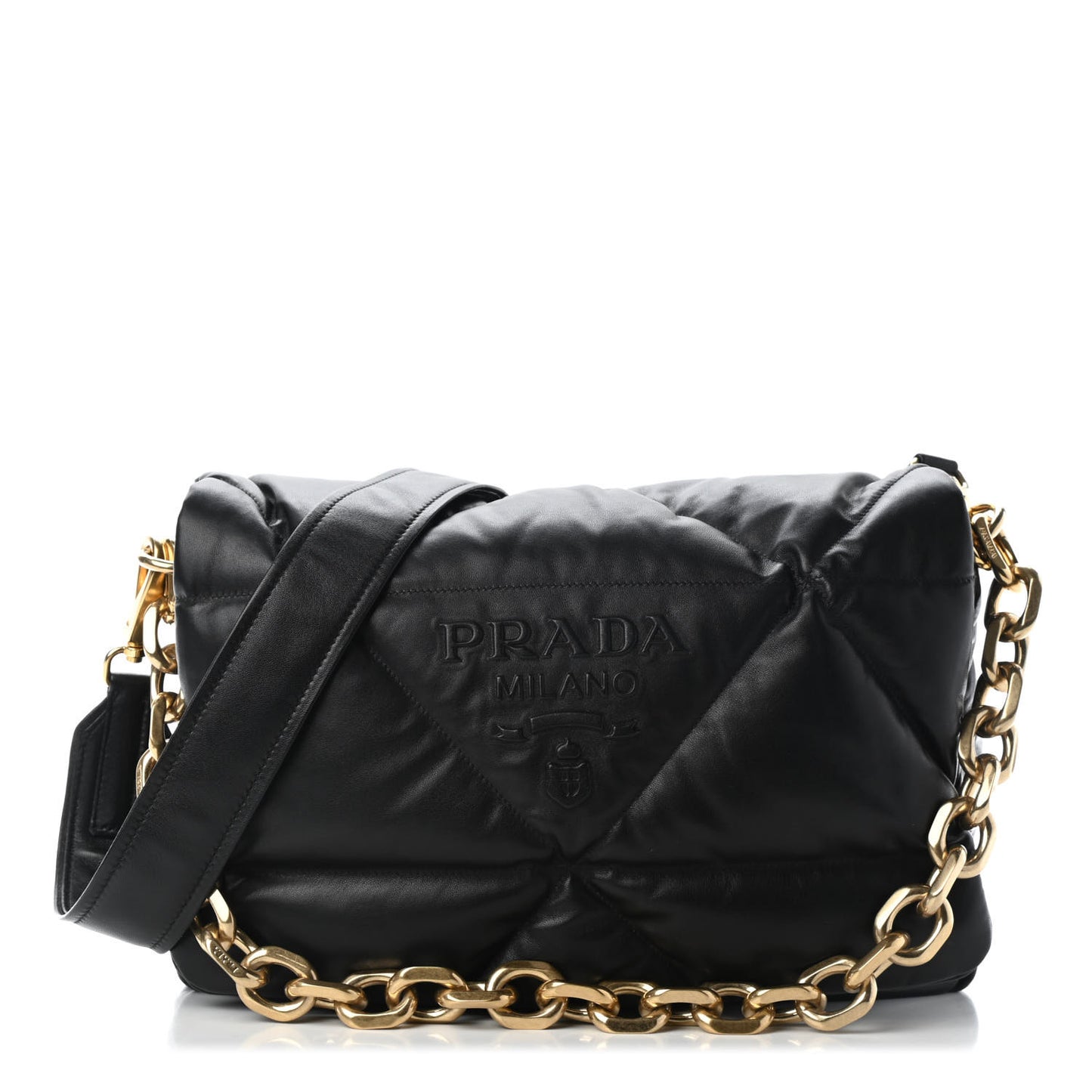 Nappa Soft Padded Logo Embossed Triangle Quilted Shoulder Bag Black