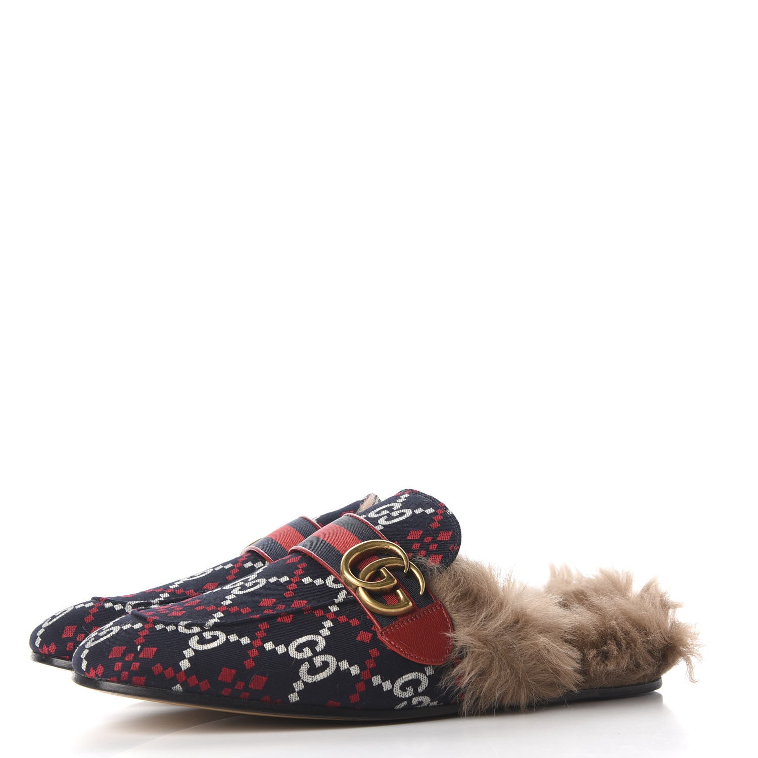 Gucci Canvas GG Monogram Diamond Fur Web GG Mens Princetown Slippers 6 Midnight Blue Hibiscus Red 3 of 8