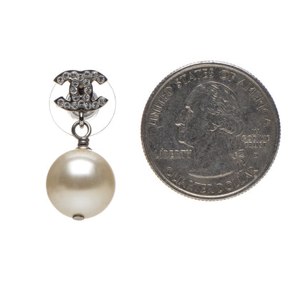 Chanel Crystal Pearl CC Drop Earrings Silver 2 of 4