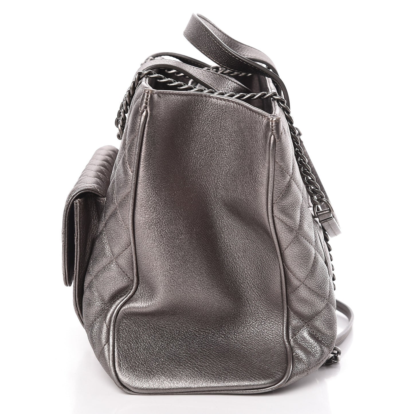 Metallic Grained Calfskin Quilted Large Casual Pocket Tote Silver