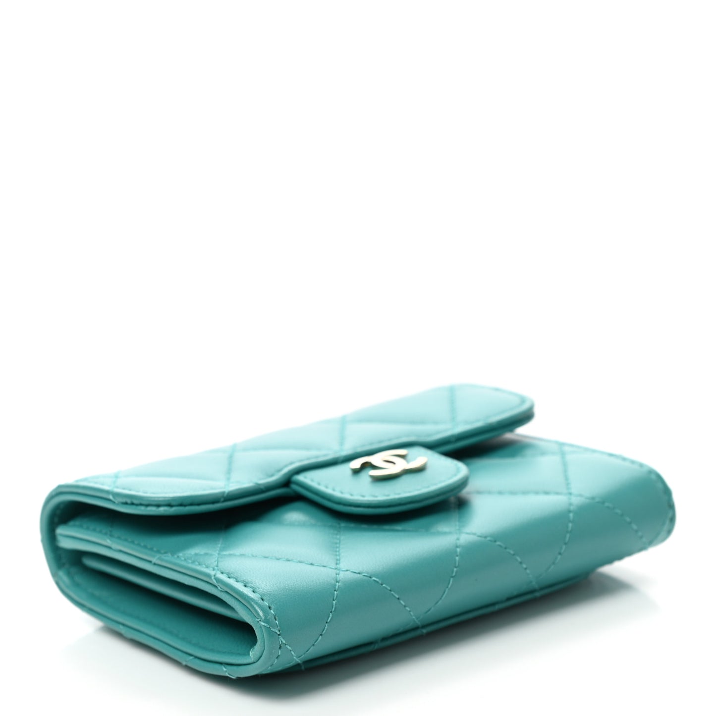 Lambskin Quilted Flap Card Holder Wallet Turquoise