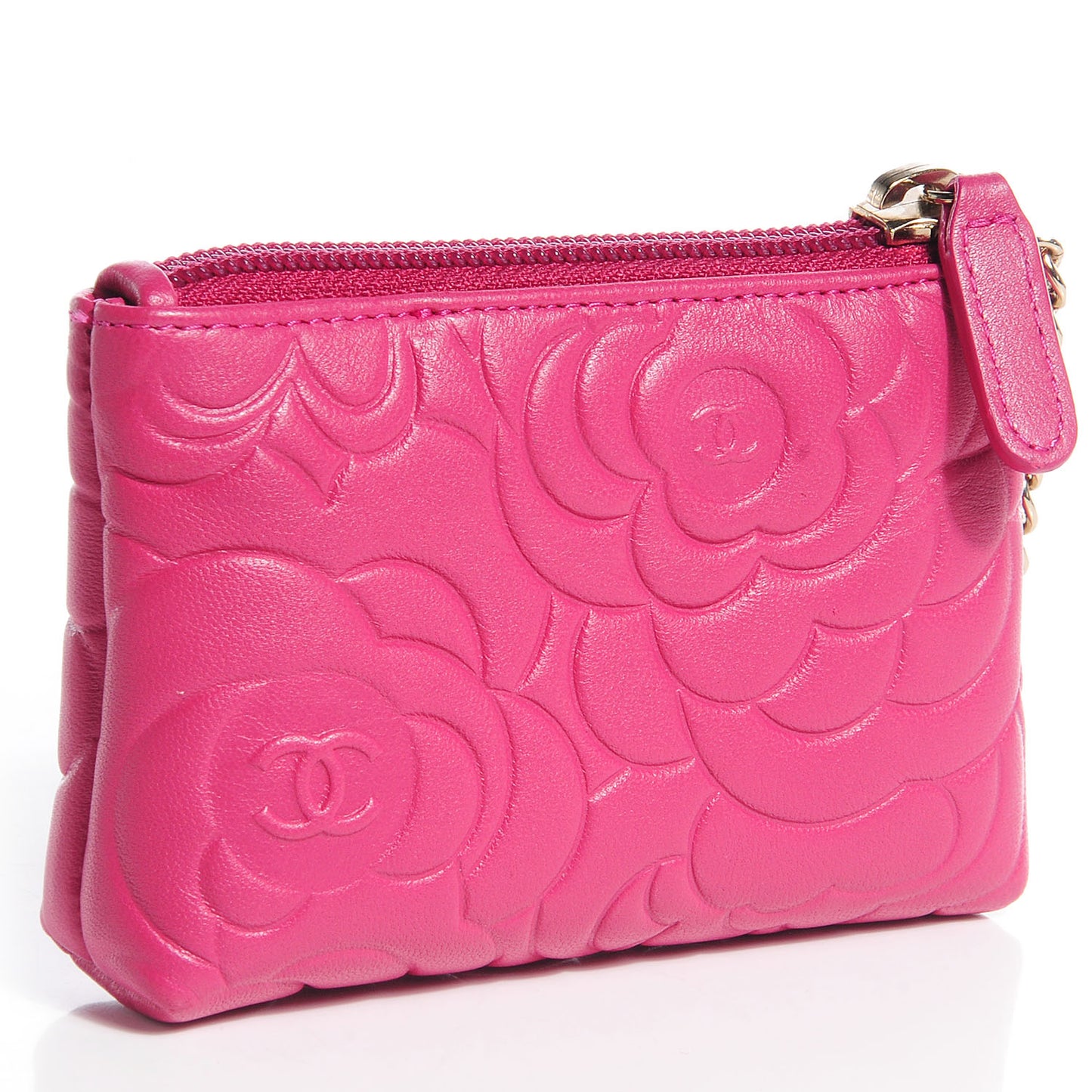 Lambskin Camellia Embossed Key Holder Case Fuchsia