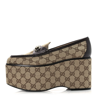 Gucci Canvas GG Monogram Horsebit Calfskin Womens Horsebit Platform Loafers 39.5 Beige Ebony Cocoa 1 of 12