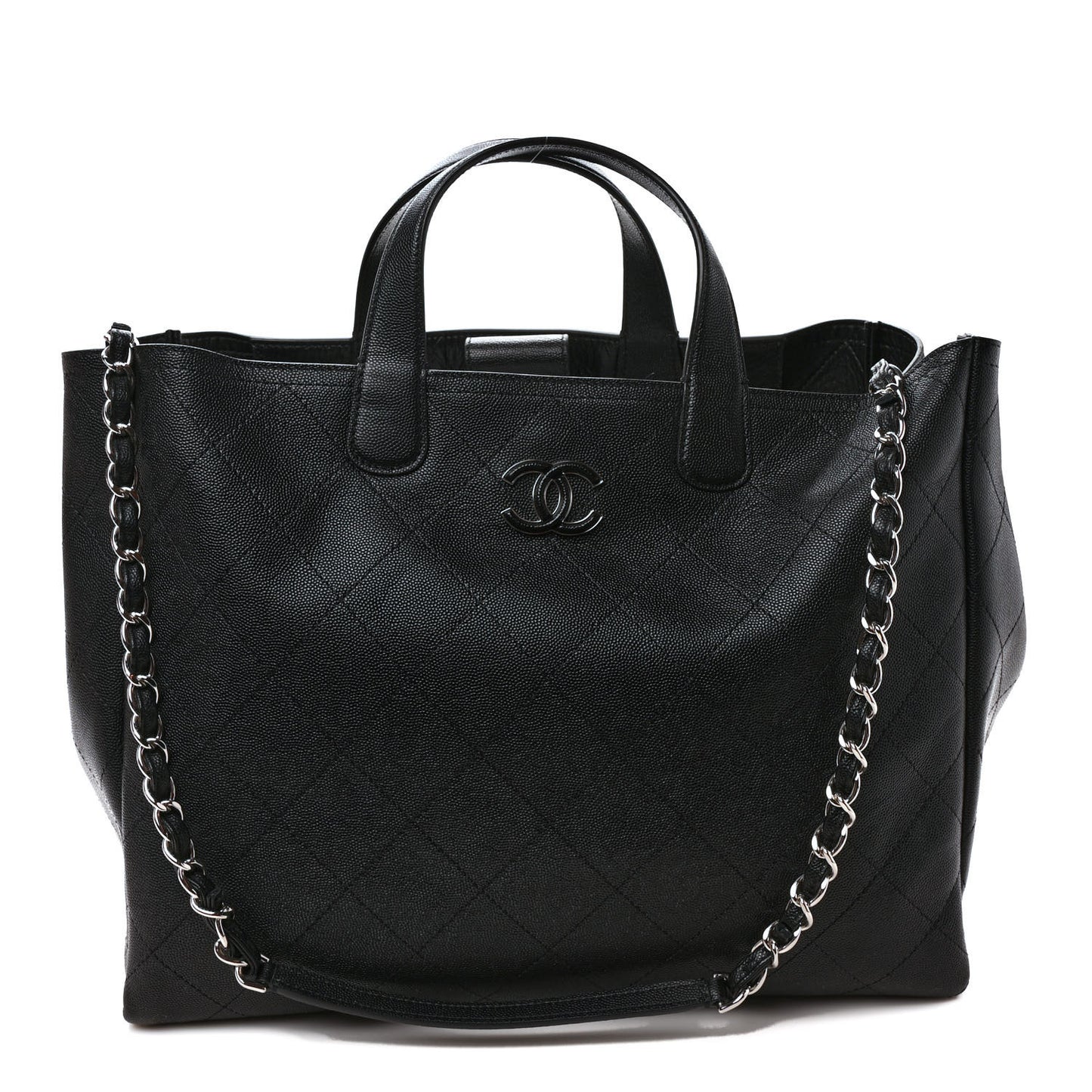 Caviar Stitched Large Lady Coco Shopping Tote Black