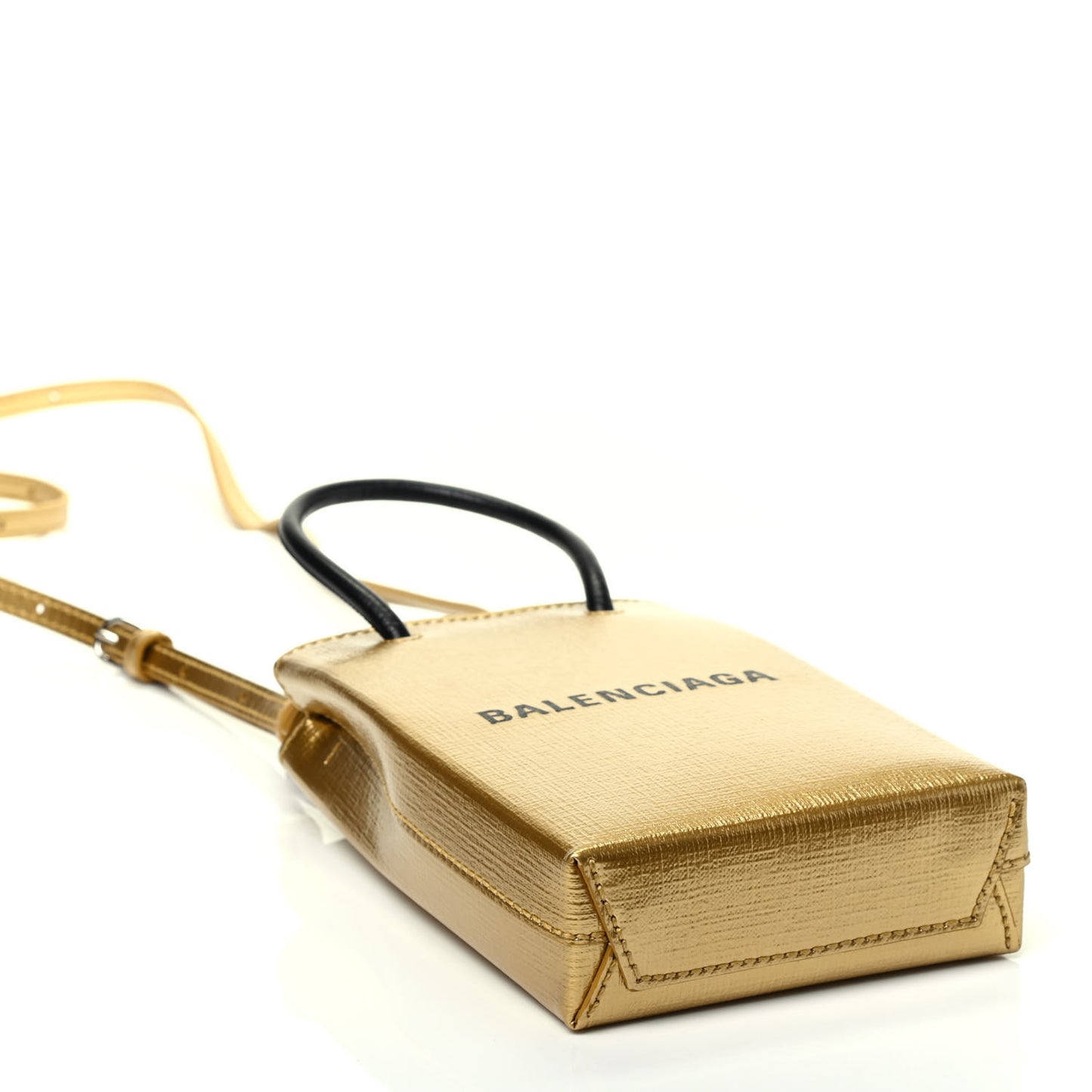 Metallic Textured Calfskin Logo Shopping Phone Holder Bag Gold