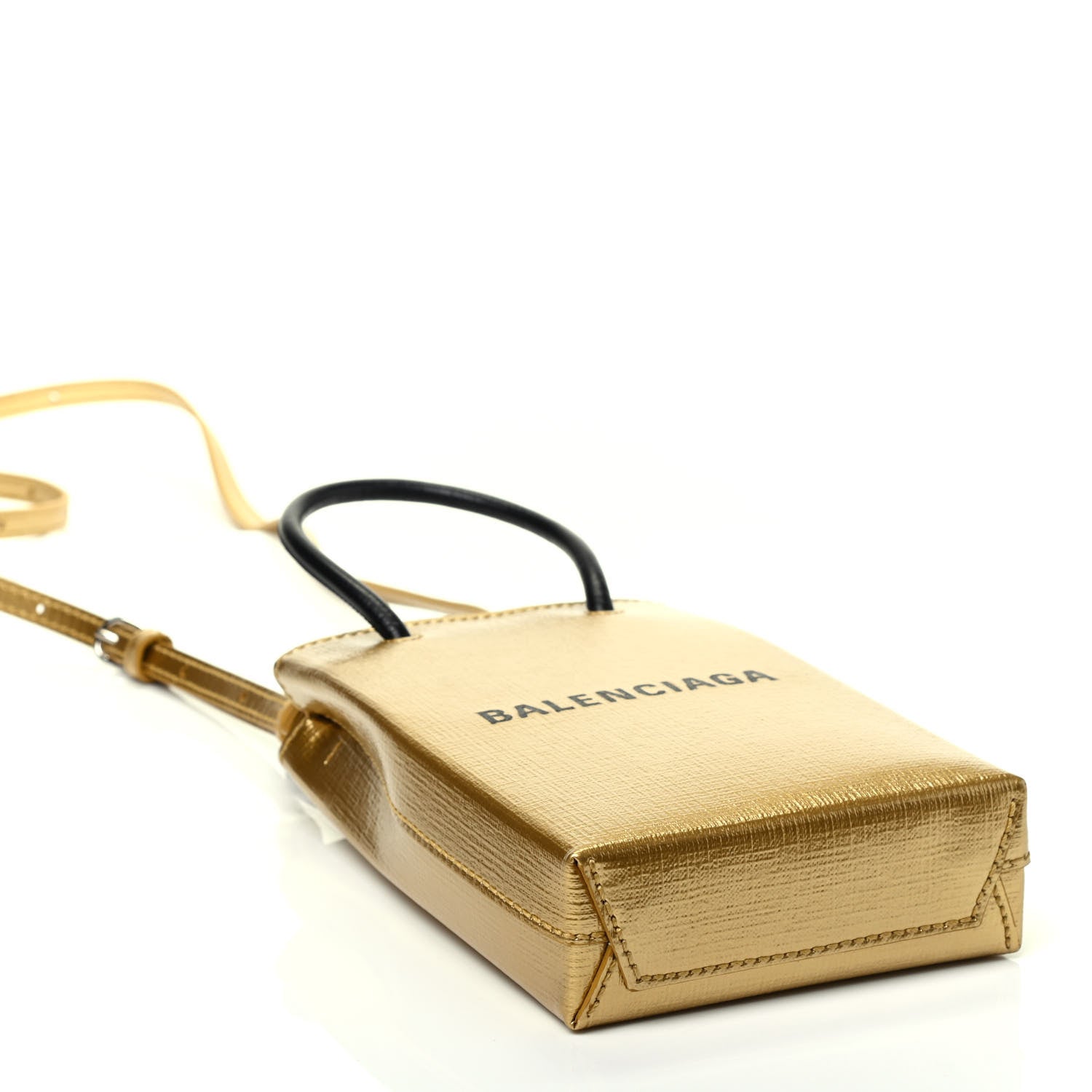 Balenciaga Metallic Textured Calfskin Logo Shopping Phone Holder Bag Gold 4 of 9