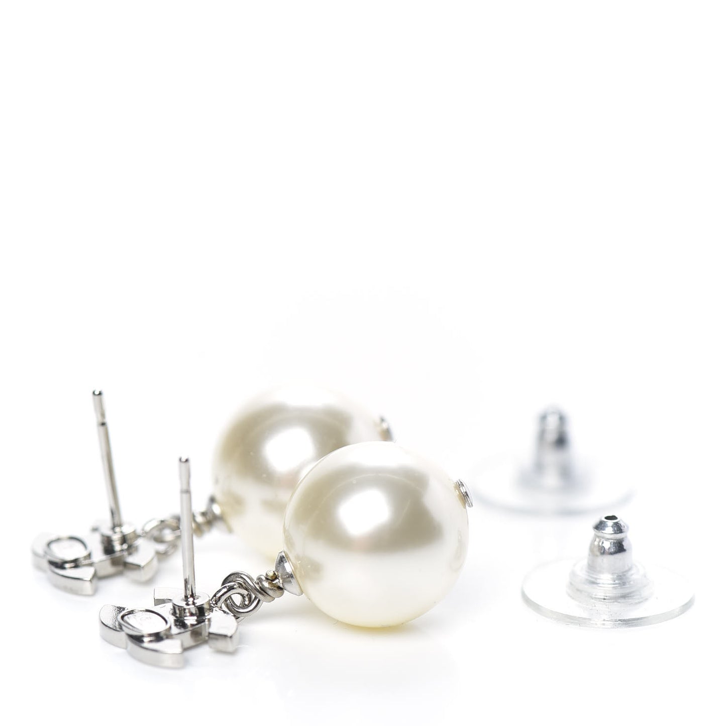 Crystal Pearl CC Drop Earrings Silver