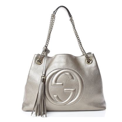 Gucci Metallic Pebbled Calfskin Medium Soho Chain Shoulder Bag Golden Beige 1 of 13