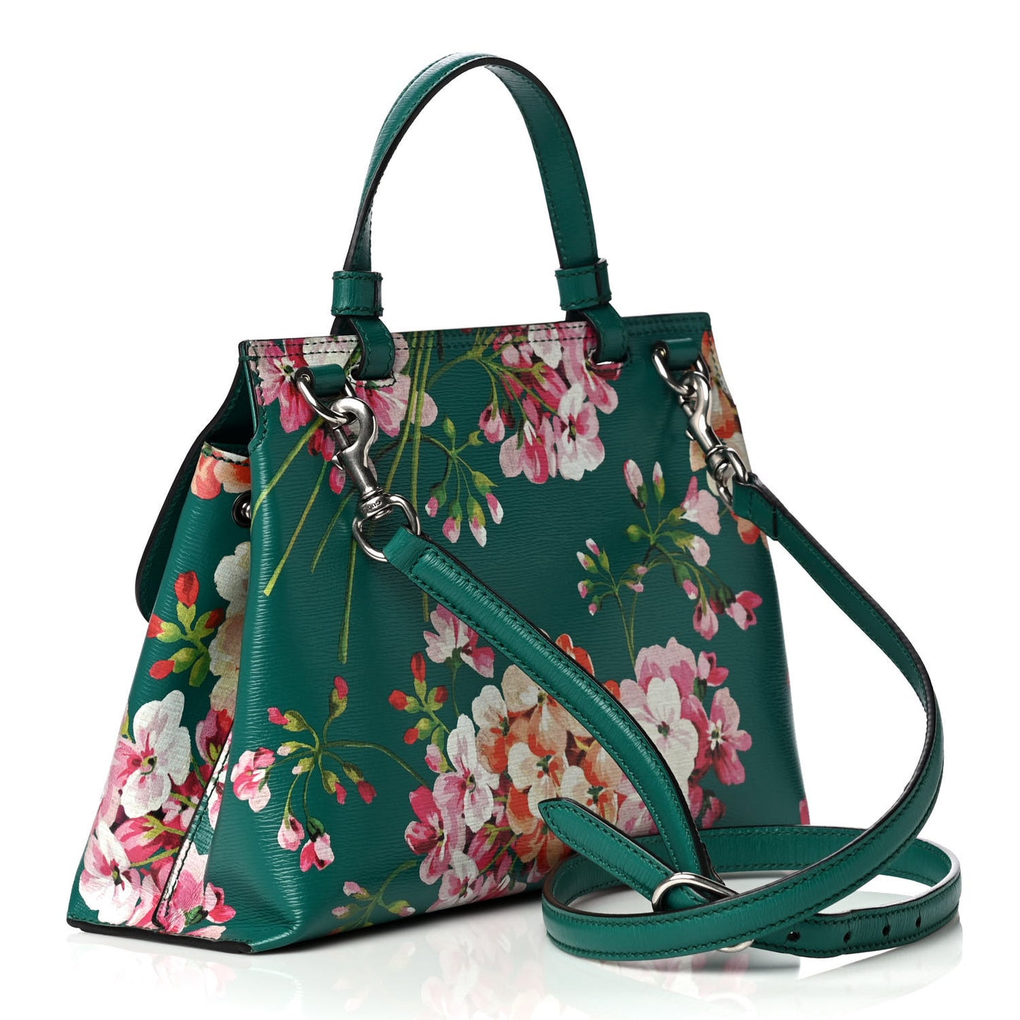Shangai Calfskin Blooms Print Small Bamboo Daily Top Handle Bag Clear Bright Emerald Multicolor
