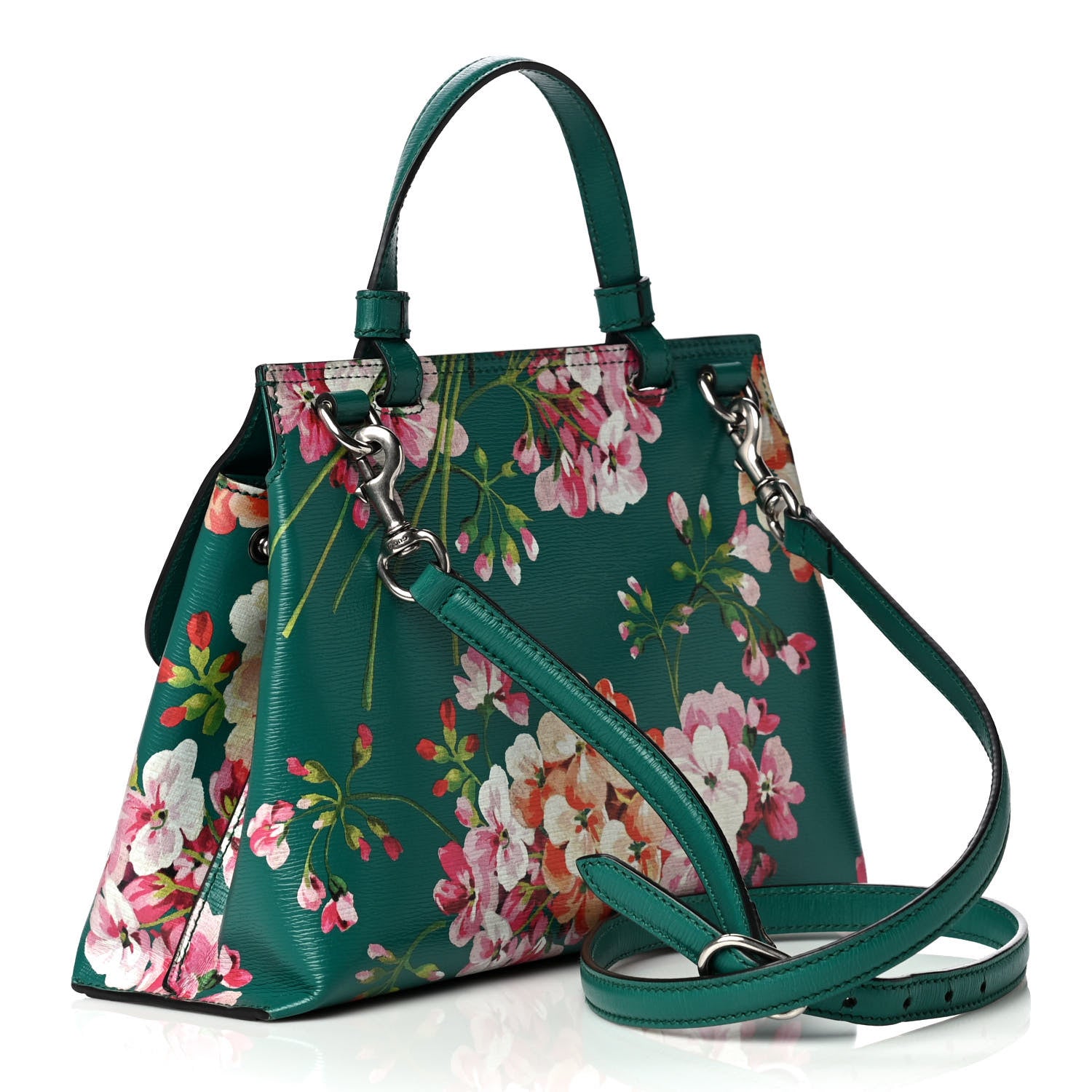 Gucci Shangai Calfskin Blooms Print Small Bamboo Daily Top Handle Bag Clear Bright Emerald Multicolor 4 of 14