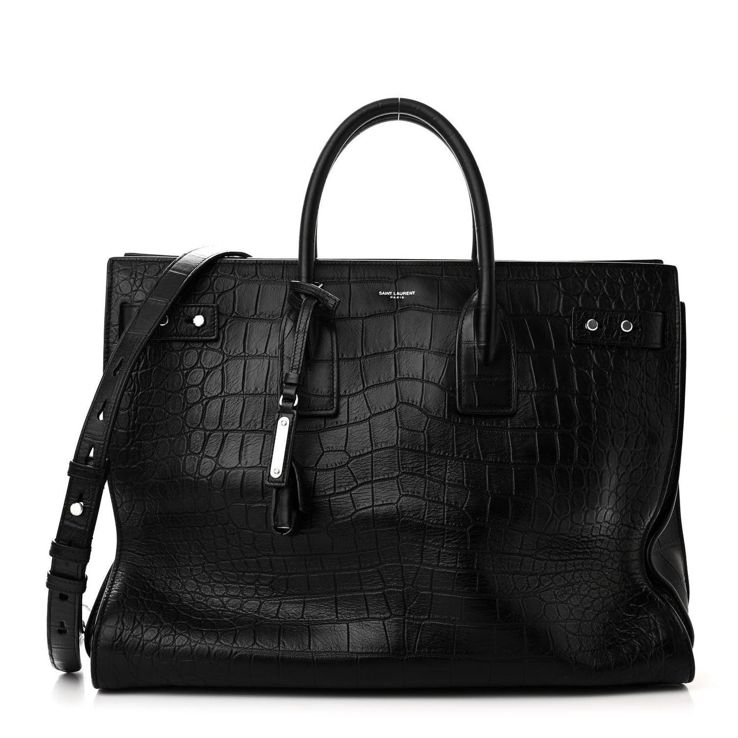 SAINT LAURENT Calfskin Crocodile Embossed Large Souple Sac De Jour Black