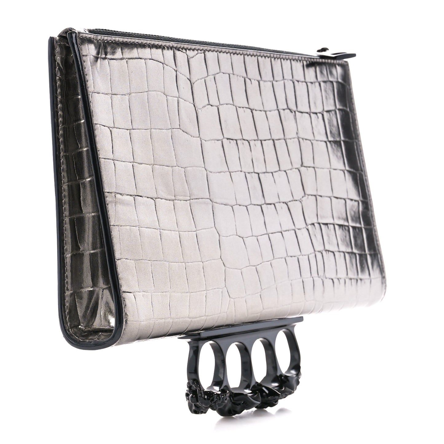 Metallic Calfskin Crocodile Embossed Knuckle Flat Zip Clutch Silver