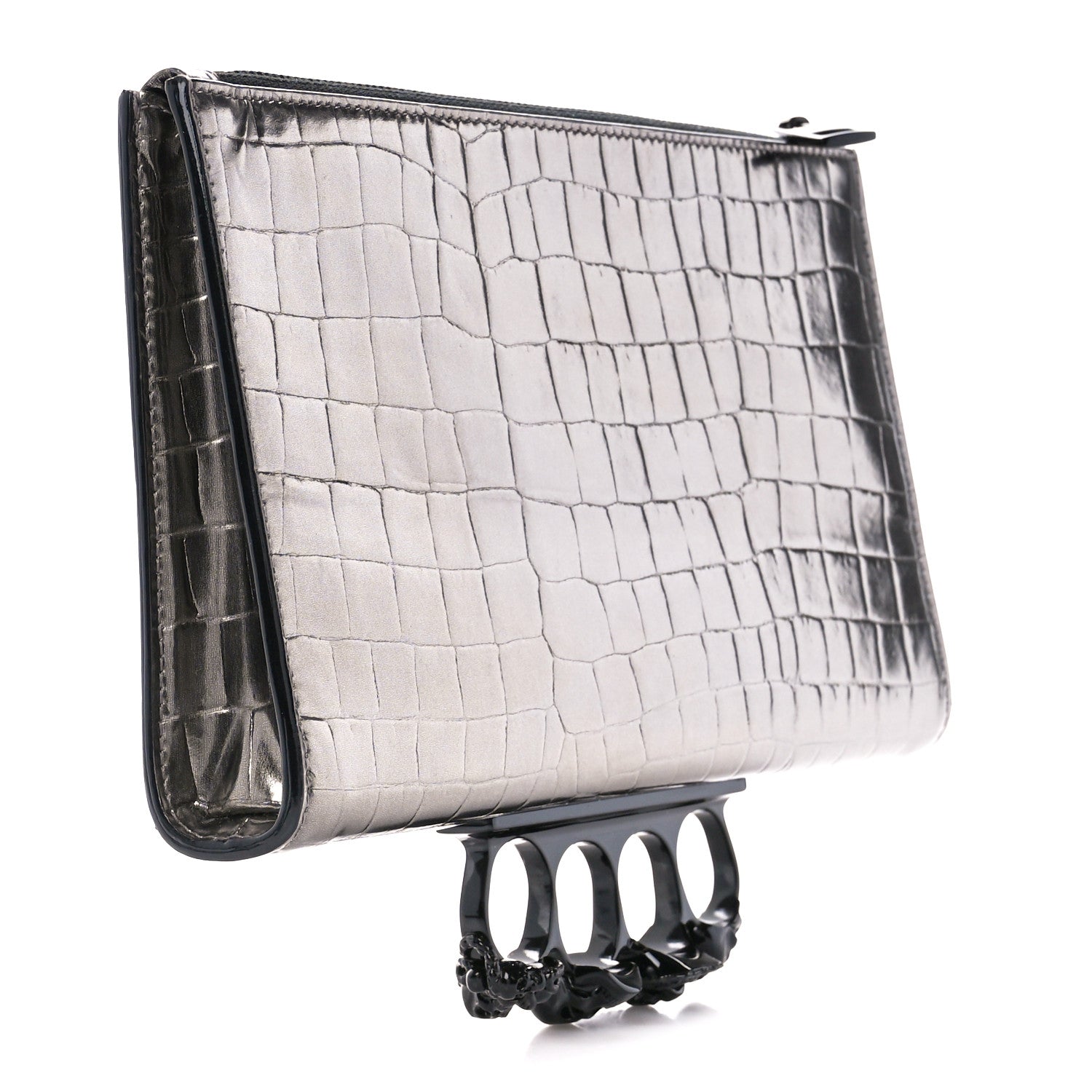 Alexander McQueen Metallic Calfskin Crocodile Embossed Knuckle Flat Zip Clutch Silver 3 of 11