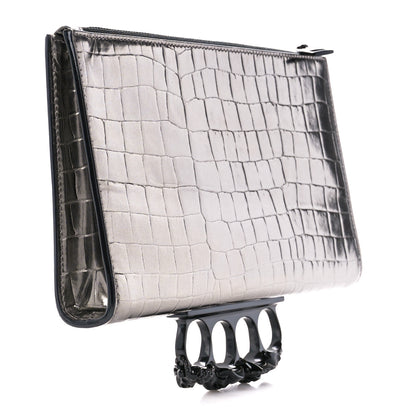 Alexander McQueen Metallic Calfskin Crocodile Embossed Knuckle Flat Zip Clutch Silver 3 of 11