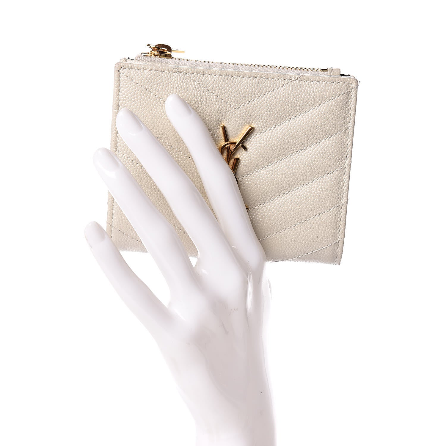 Saint Laurent Grain De Poudre Matelasse Chevron Monogram Zipped Card Case Crema Soft 2 of 8