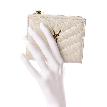 Saint Laurent Grain De Poudre Matelasse Chevron Monogram Zipped Card Case Crema Soft 2 of 8