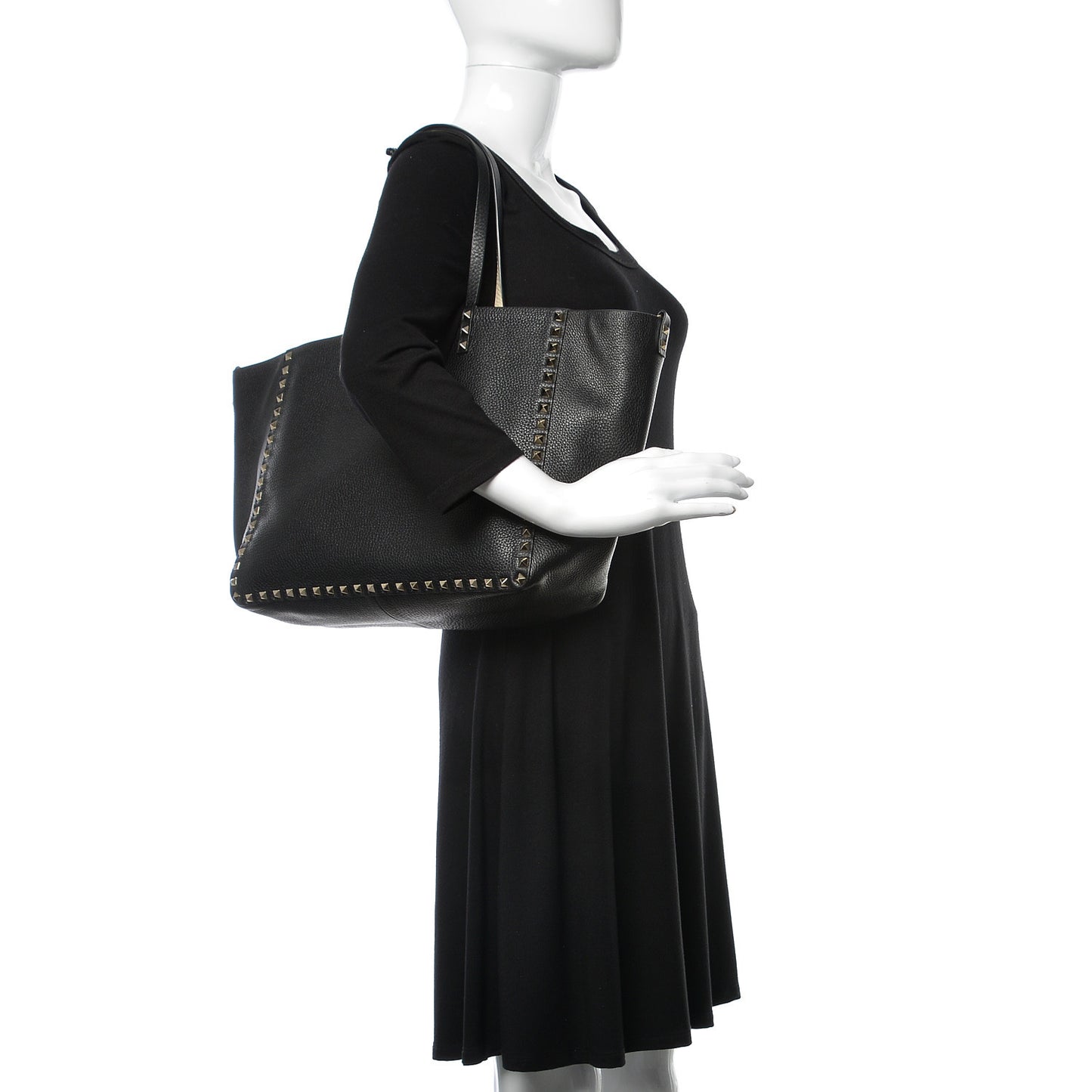 Grained Calfskin Medium Rockstud Reversible Tote Black Ivory