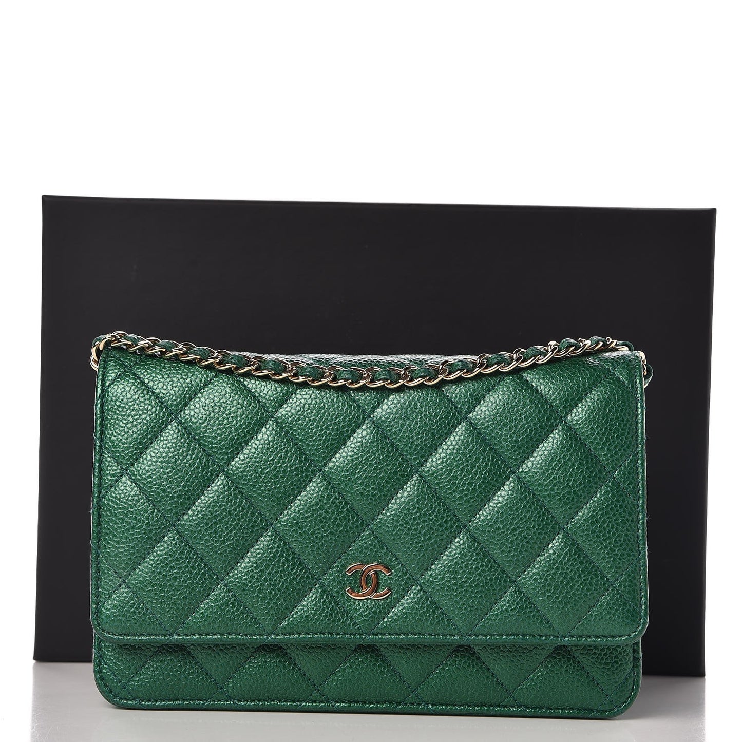 Metallic Caviar Quilted Wallet On Chain WOC Green