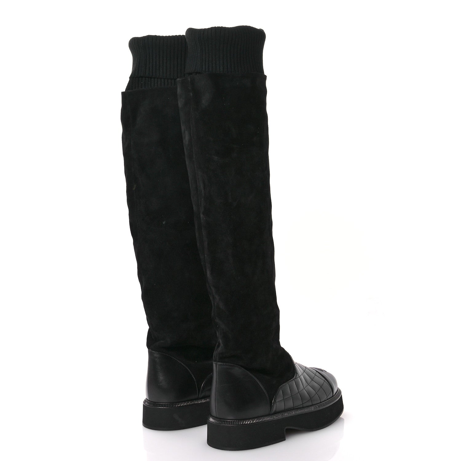 Chanel Suede Lambskin Calfskin Knit Womens High Boots 37 Black 5 of 8