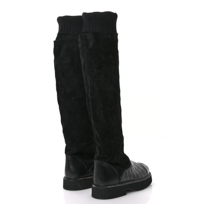 Chanel Suede Lambskin Calfskin Knit Womens High Boots 37 Black 5 of 8
