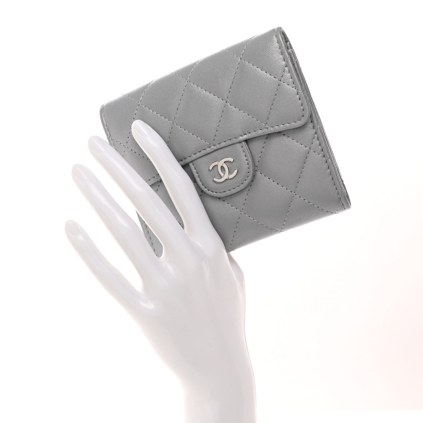 Metallic Lambskin Quilted Compact Flap Wallet Silver