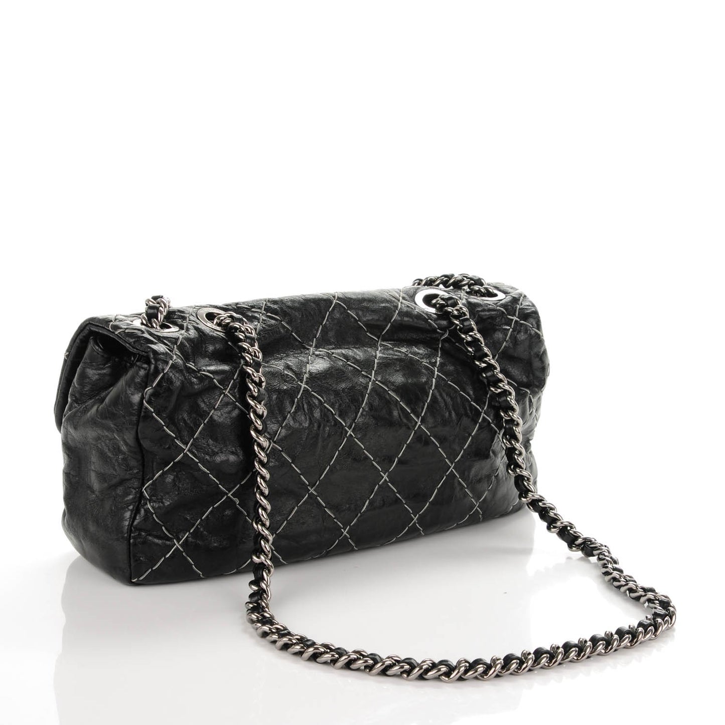 Glazed Goatskin Double Stitch Flap Black